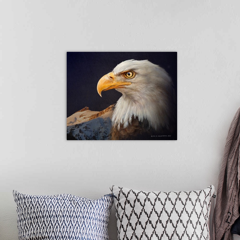 A bohemian room featuring Contemporary artwork of an american bald eagle portrait.