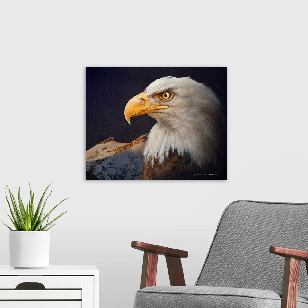 A modern room featuring Contemporary artwork of an american bald eagle portrait.