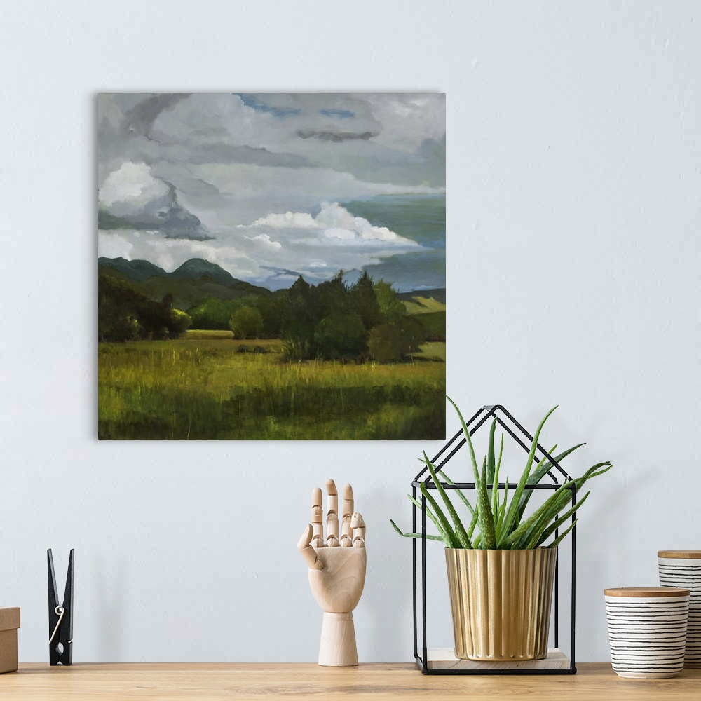 A bohemian room featuring Contemporary painting of a tranquil and idyllic wilderness scene.