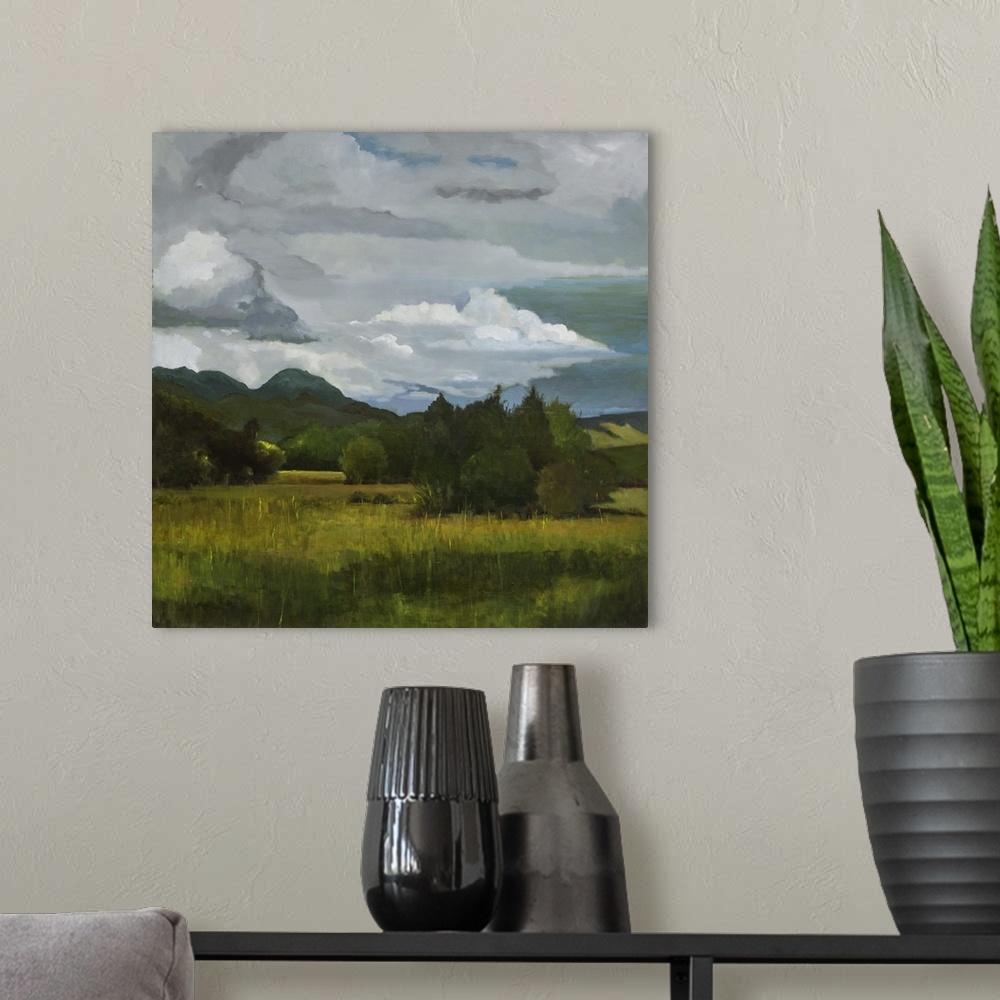 A modern room featuring Contemporary painting of a tranquil and idyllic wilderness scene.