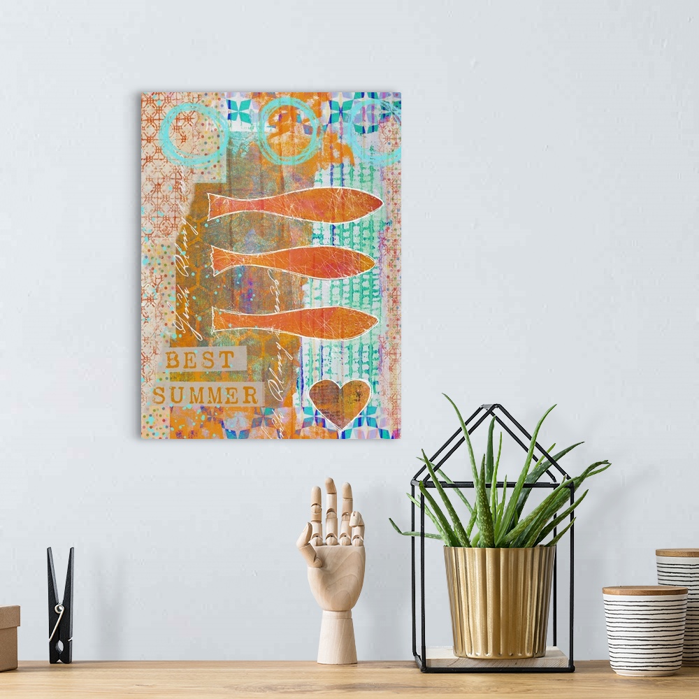 A bohemian room featuring Colorful mixed media art with fish and a detailed background.