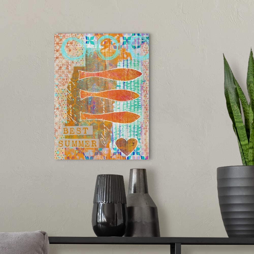 A modern room featuring Colorful mixed media art with fish and a detailed background.