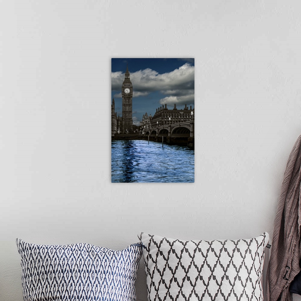 A bohemian room featuring A photograph of Big Ben across the river Thames in London at night.