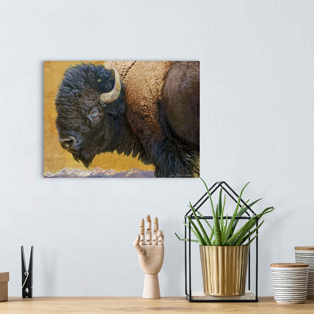 A bohemian room featuring Contemporary artwork of an american bison portrait.