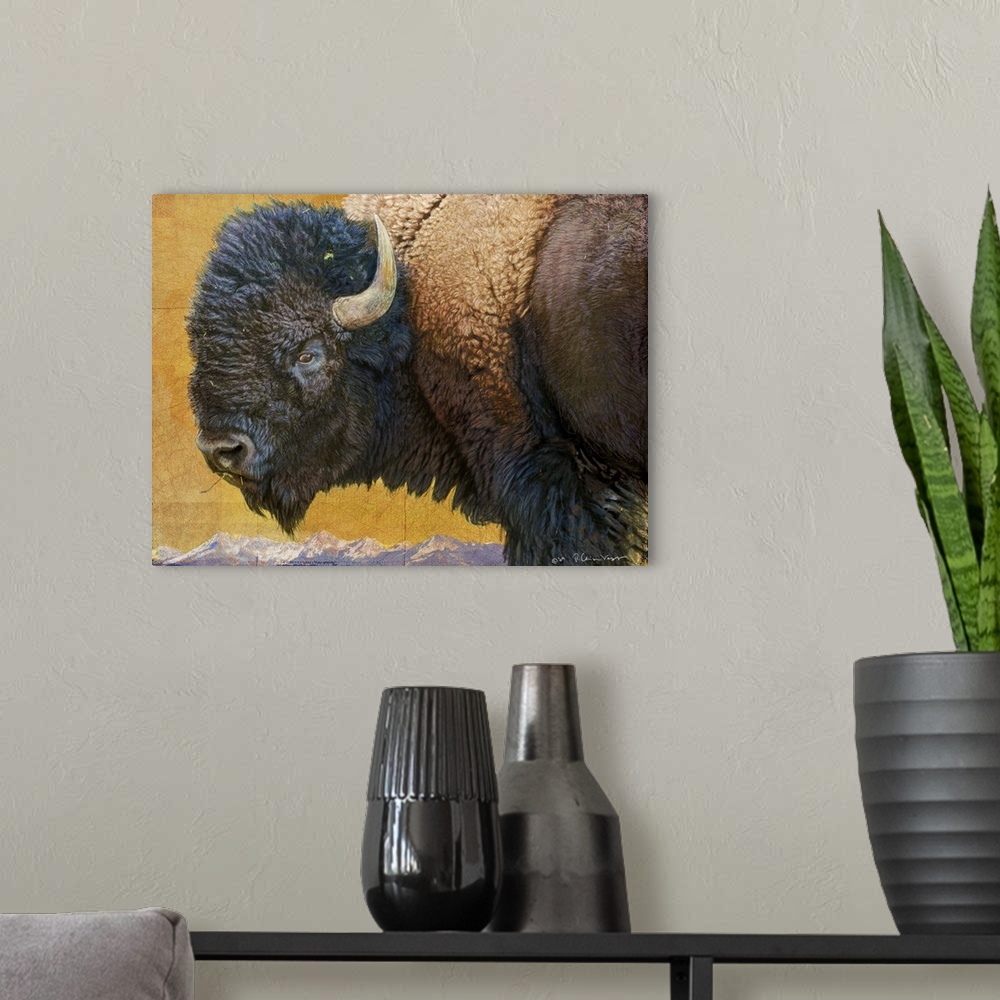 A modern room featuring Contemporary artwork of an american bison portrait.