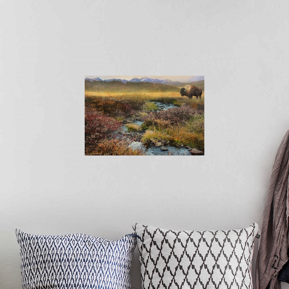 A bohemian room featuring Contemporary artwork of a bison beside a plains creek.