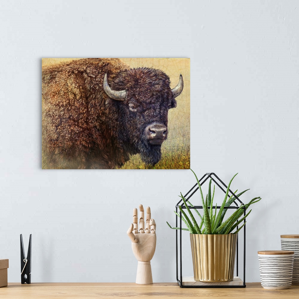 A bohemian room featuring Contemporary artwork of a bison portrait.
