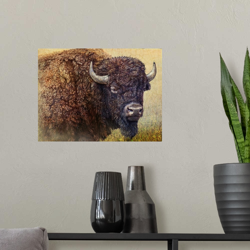 A modern room featuring Contemporary artwork of a bison portrait.