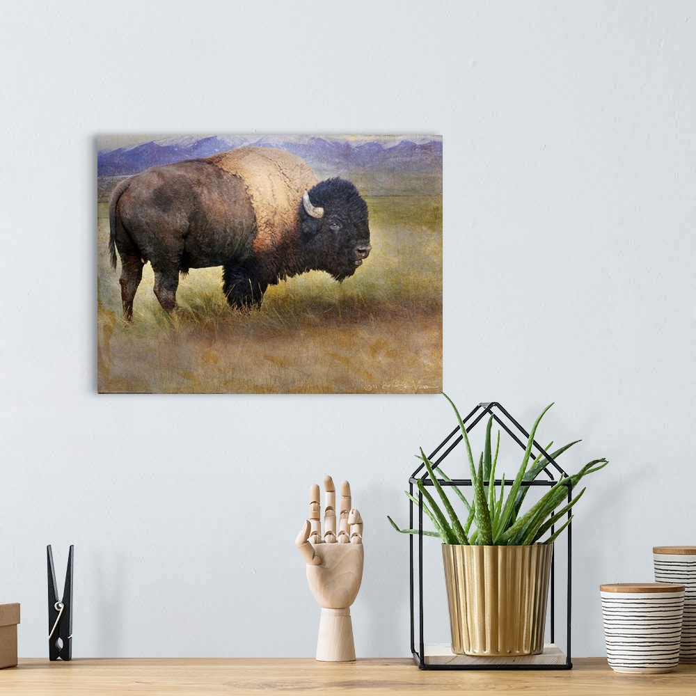 A bohemian room featuring Contemporary artwork of a bison roaming the american plains.