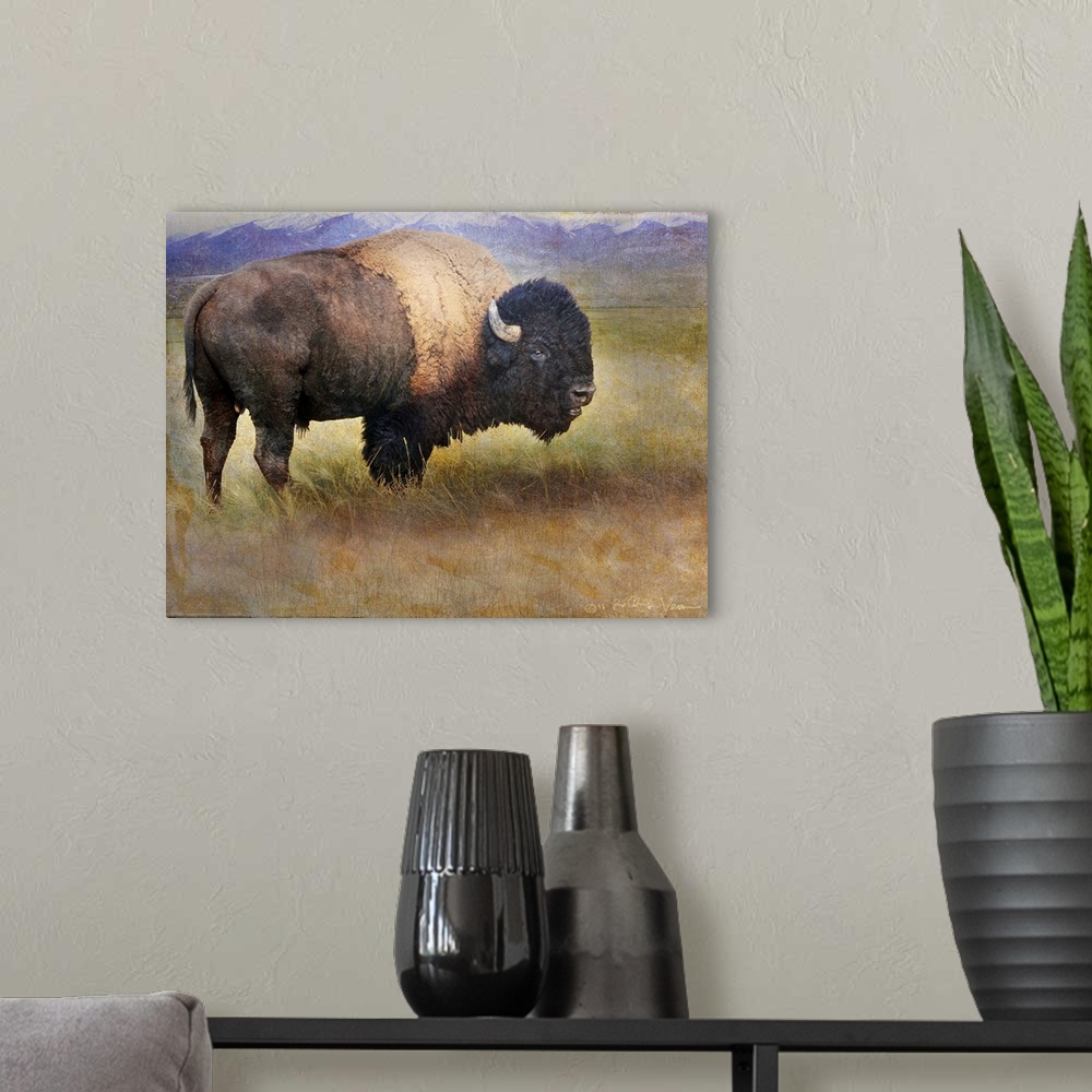 A modern room featuring Contemporary artwork of a bison roaming the american plains.