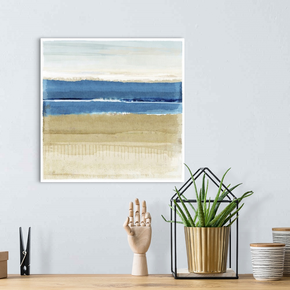 A bohemian room featuring Vibrant blue and brown modern abstract seascape painting.