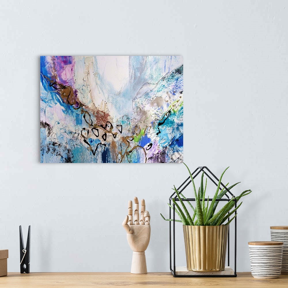 A bohemian room featuring Contemporary abstract art, originally in acrylic, ink, and watercolor, of blue and purple splatte...