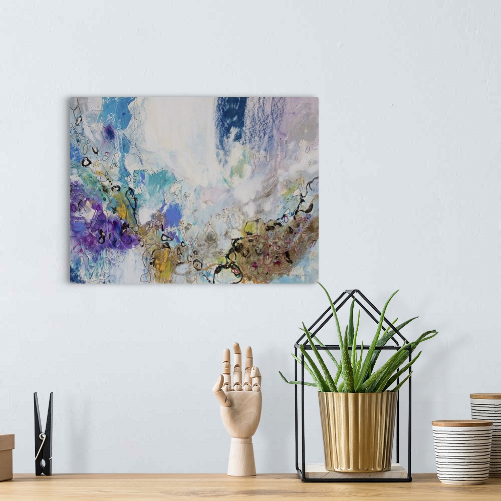 A bohemian room featuring Mixed media abstract on card with pastel, watercolor ink and metallics.