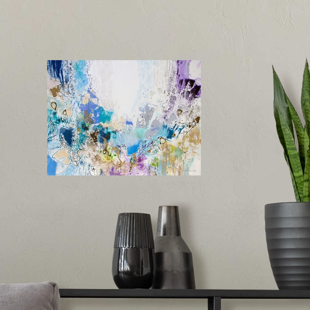 A modern room featuring Contemporary abstract art, originally in acrylic, ink, and watercolor, of blue and purple splatte...