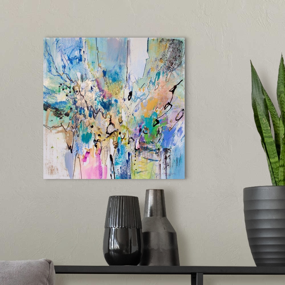 A modern room featuring Contemporary abstract art, originally in acrylic, ink, and watercolor, of blue and purple splatte...