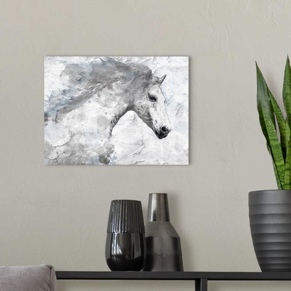 A modern room featuring Portrait of a white horse running with its mane flowing behind it.