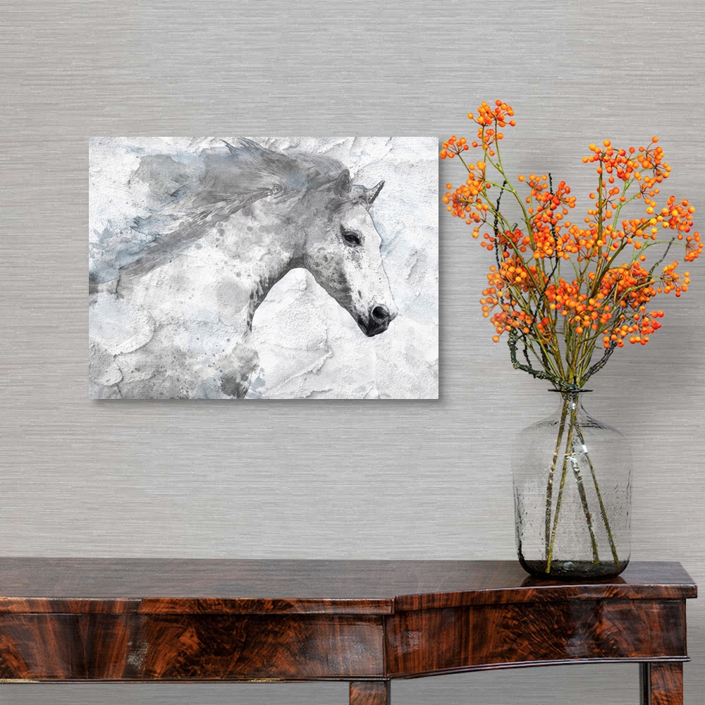 A traditional room featuring Portrait of a white horse running with its mane flowing behind it.