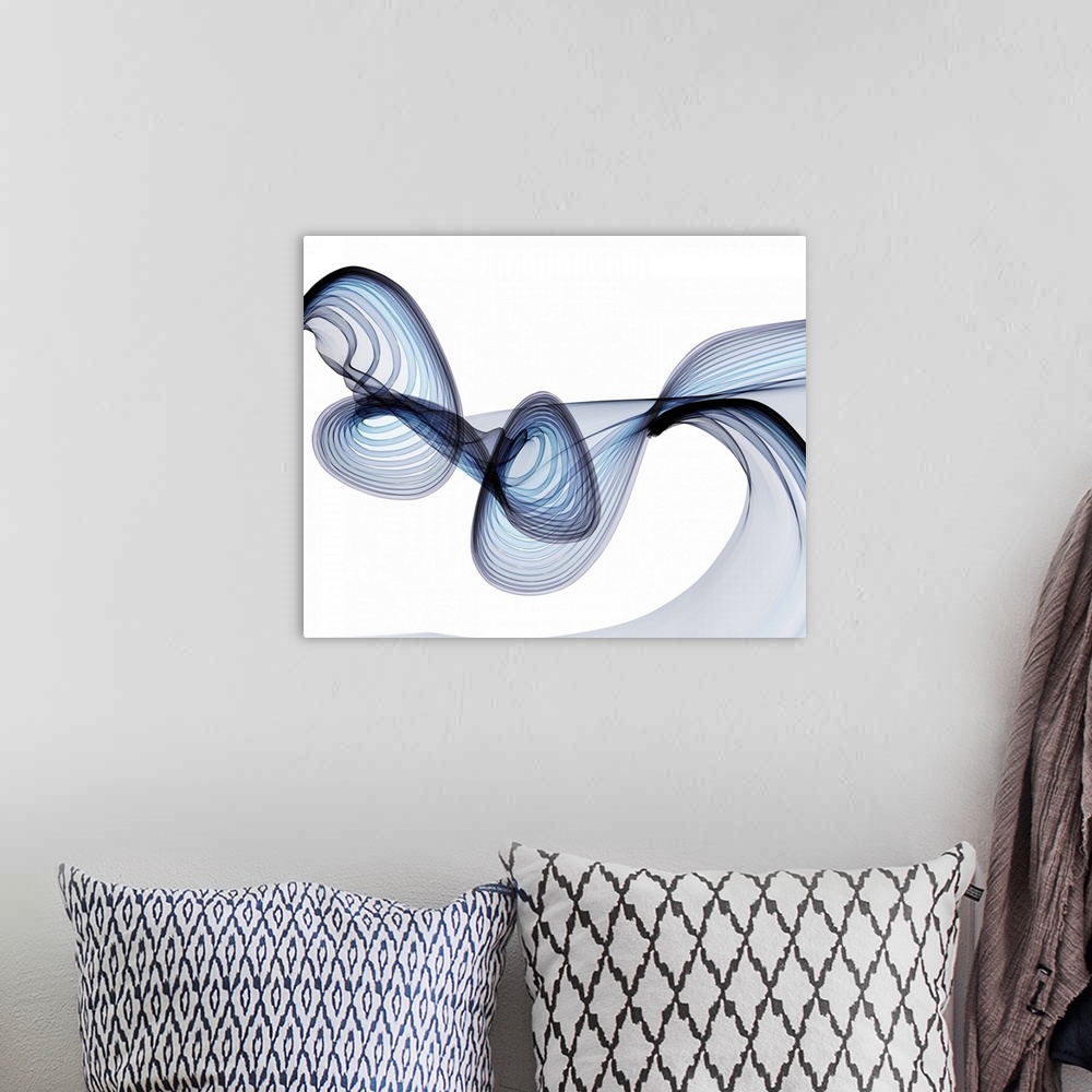 A bohemian room featuring Abstract artwork created by spiraling, swirling lines leaving behind blue trails.