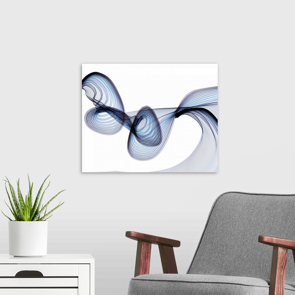 A modern room featuring Abstract artwork created by spiraling, swirling lines leaving behind blue trails.