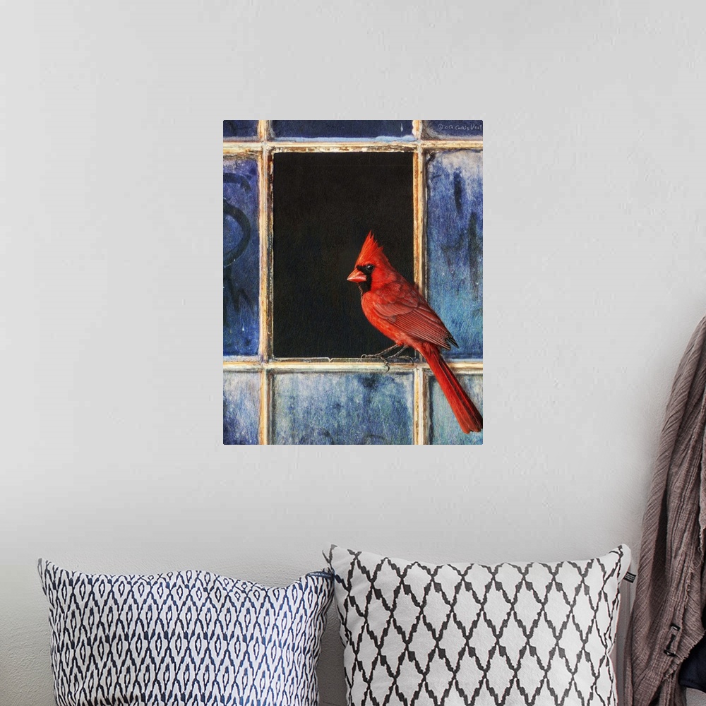 A bohemian room featuring Contemporary artwork of a bird perched on a broken window pane.