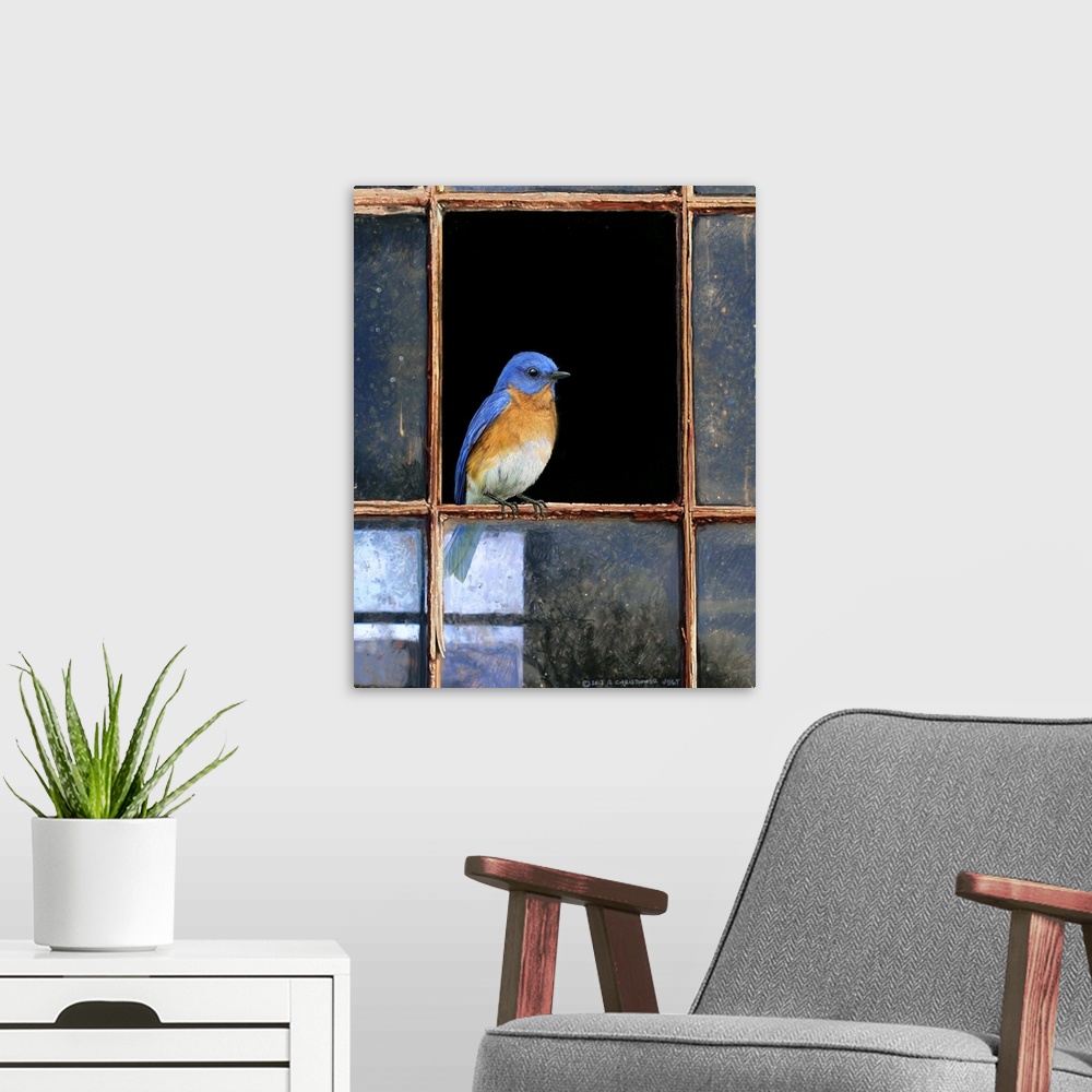 A modern room featuring Contemporary artwork of a bird perched on a broken window pane.