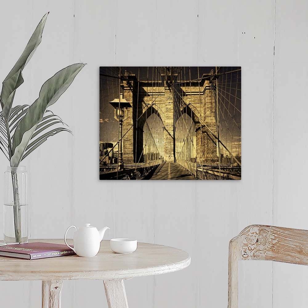 A farmhouse room featuring Distressed photograph of the Brooklyn Bridge arches and suspension cables.