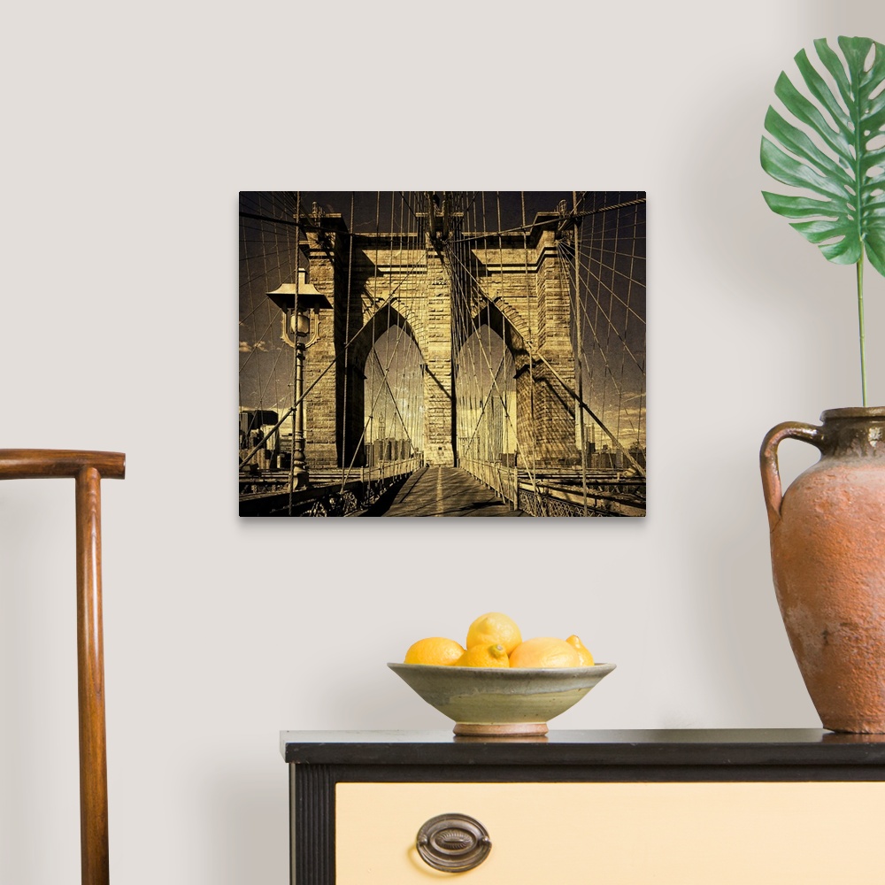 A traditional room featuring Distressed photograph of the Brooklyn Bridge arches and suspension cables.
