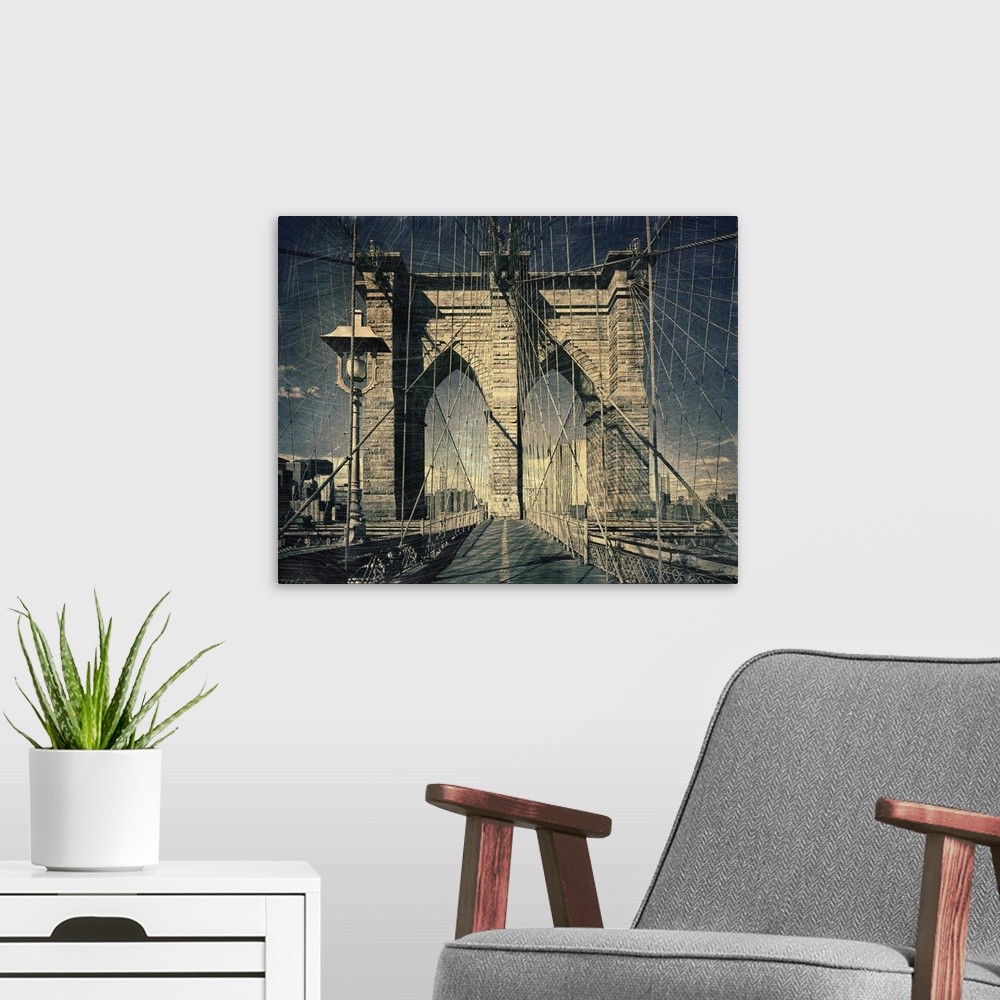 A modern room featuring Distressed photograph of the Brooklyn Bridge arches and suspension cables.