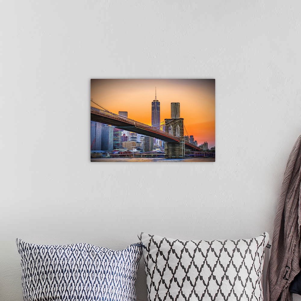 A bohemian room featuring A photograph of the Brooklyn bridge at twilight with One World Trade standing tall in the backgro...