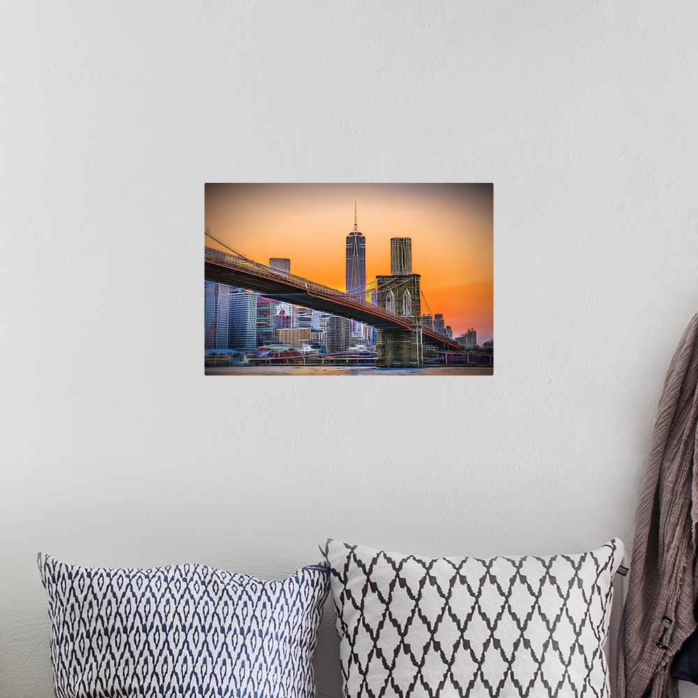 A bohemian room featuring A photograph of the Brooklyn bridge at twilight with One World Trade standing tall in the backgro...