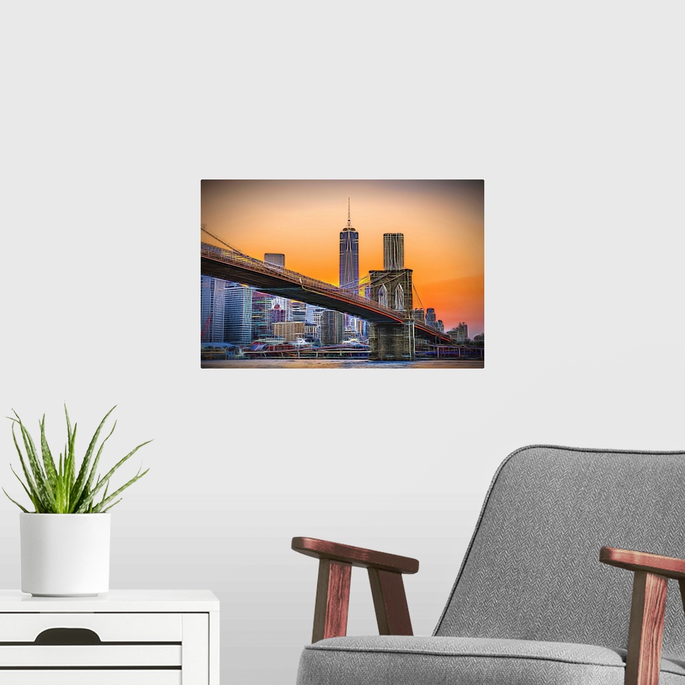 A modern room featuring A photograph of the Brooklyn bridge at twilight with One World Trade standing tall in the backgro...