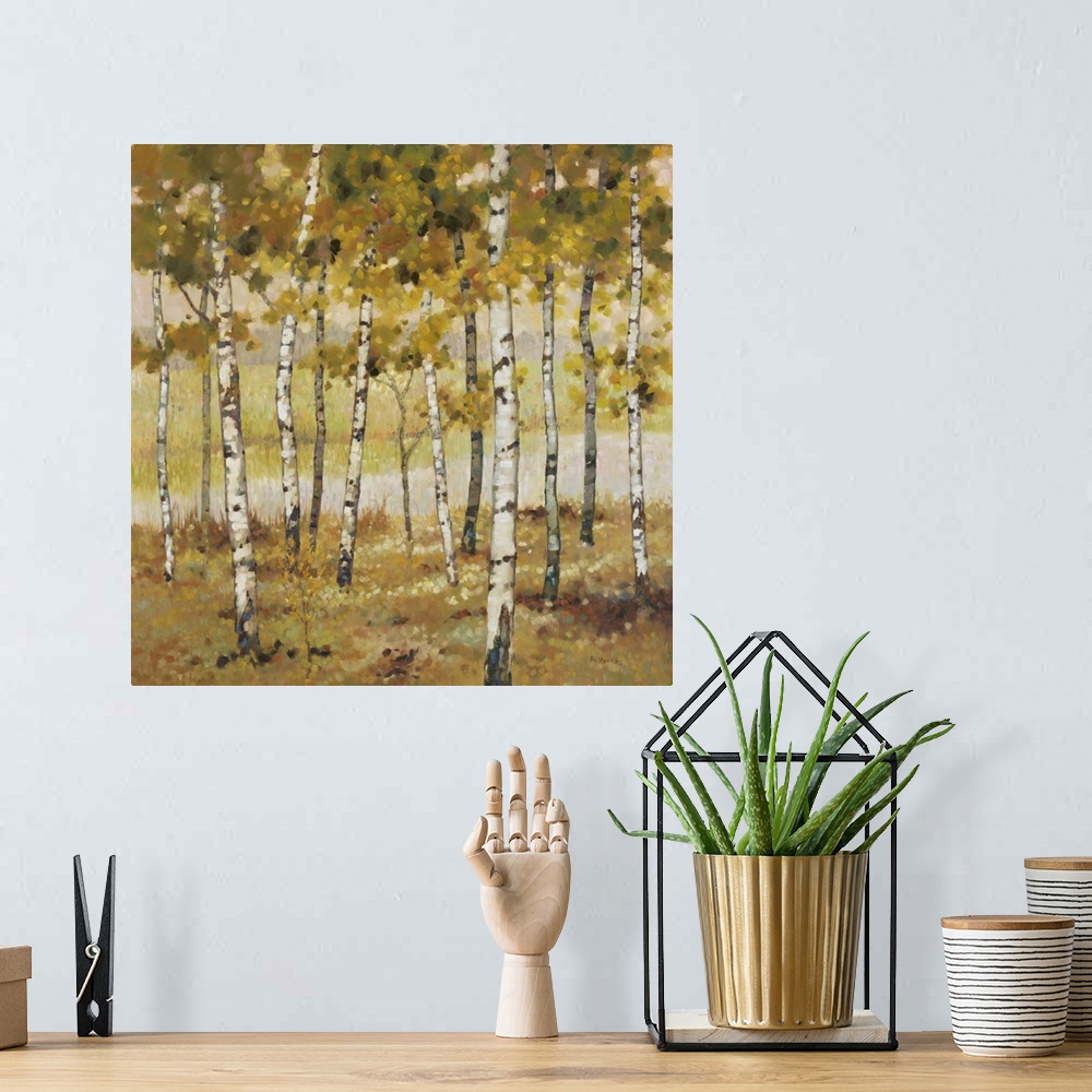 A bohemian room featuring Contemporary artwork of a grove of golden birches in the fall.