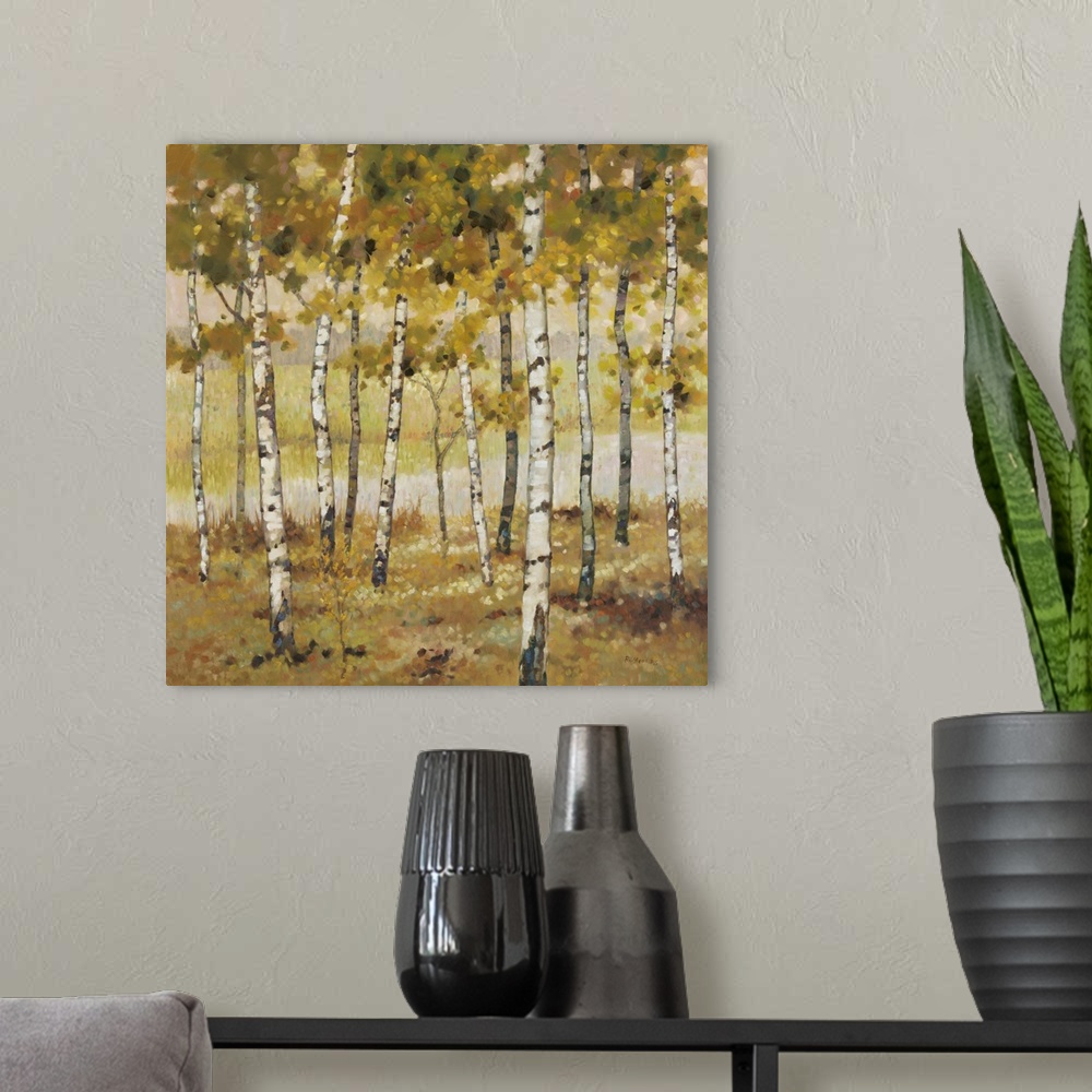 A modern room featuring Contemporary artwork of a grove of golden birches in the fall.