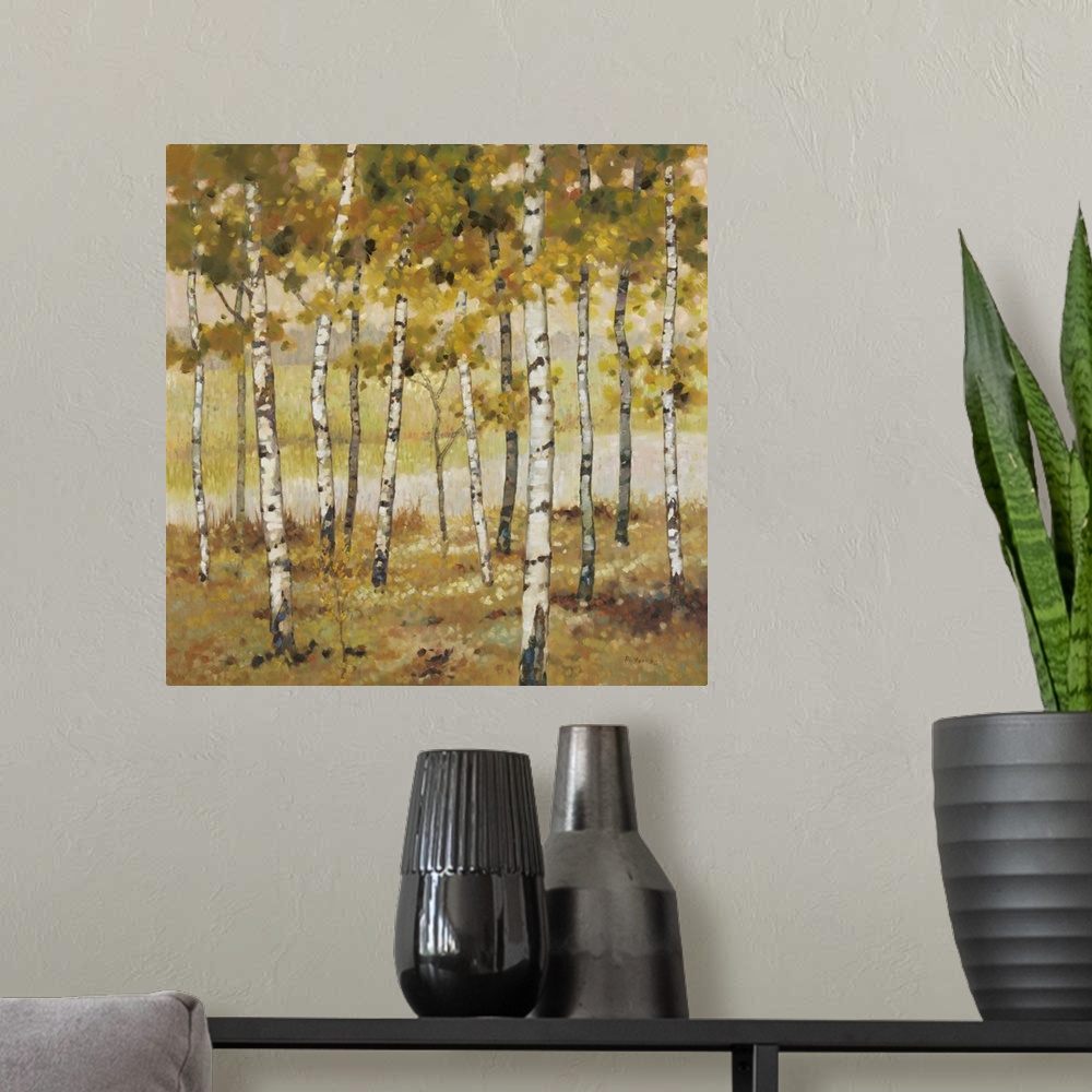 A modern room featuring Contemporary artwork of a grove of golden birches in the fall.