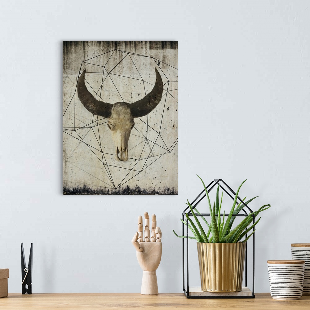 A bohemian room featuring Painting of a bison skull with large dark horns, embellished with geometric lines on a grungy bac...