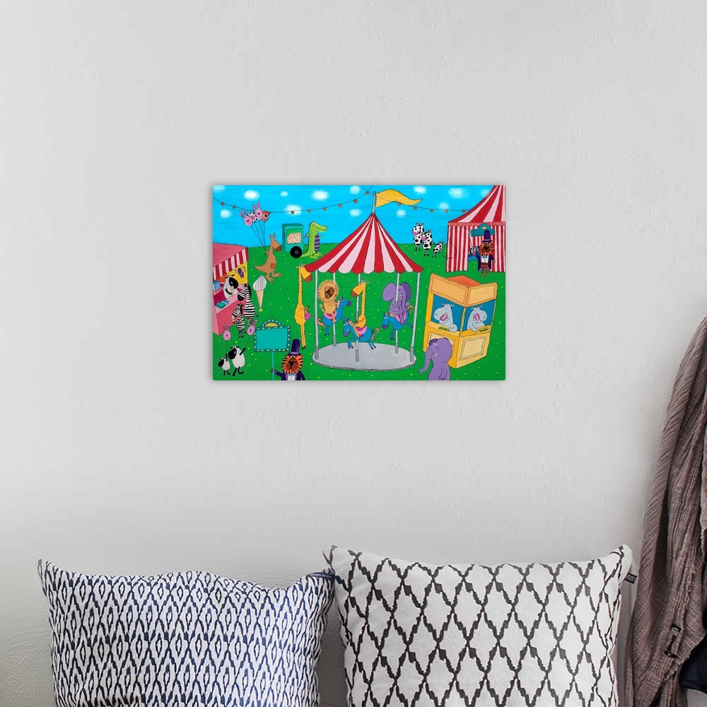 A bohemian room featuring Carousel wall art by children's illustrator Carla Daly.