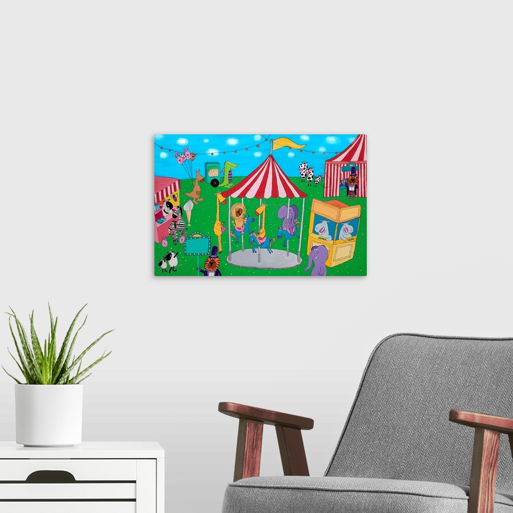 A modern room featuring Carousel wall art by children's illustrator Carla Daly.