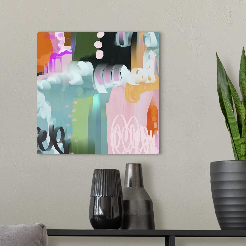 A modern room featuring Colorful abstract digital painting.