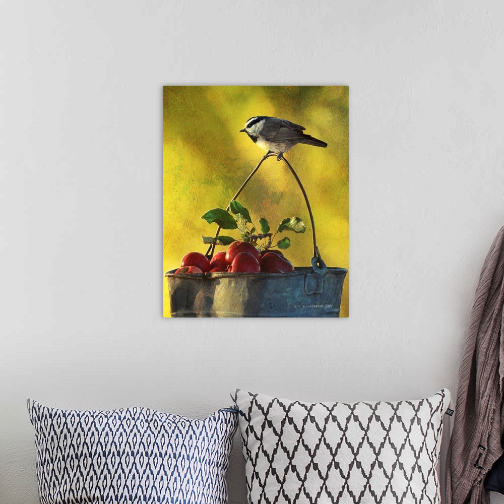 A bohemian room featuring Contemporary artwork of a chickadee perched on the handle of a bucket holding apples.