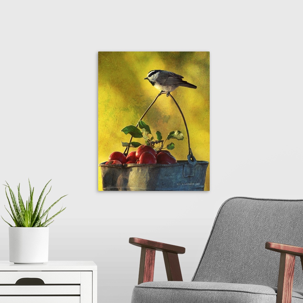 A modern room featuring Contemporary artwork of a chickadee perched on the handle of a bucket holding apples.