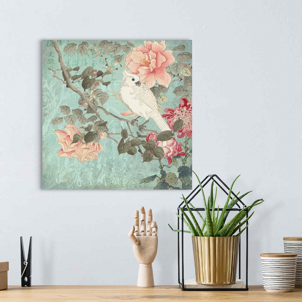 A bohemian room featuring Chinoiserie art with chinese calligraphy, flowers, and cockatoo bird in pastel colors.