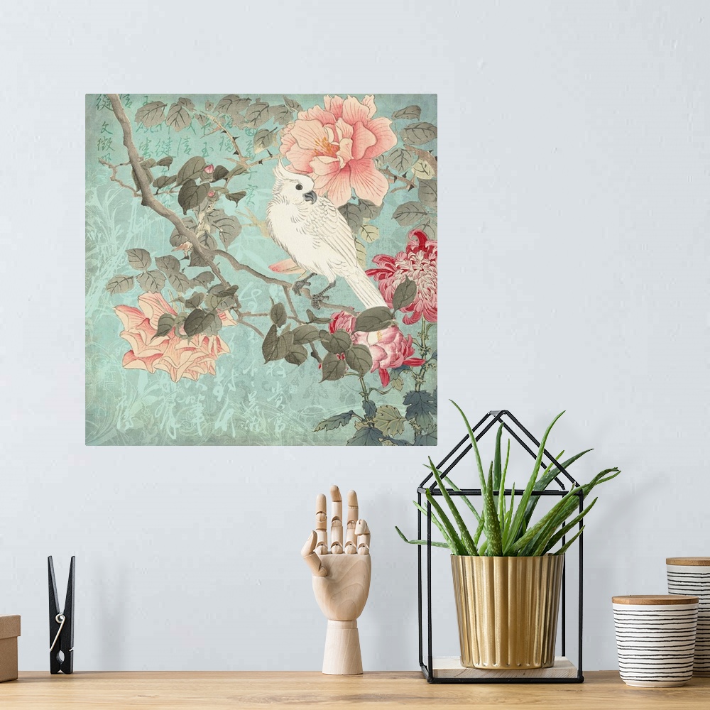 A bohemian room featuring Chinoiserie art with chinese calligraphy, flowers, and cockatoo bird in pastel colors.