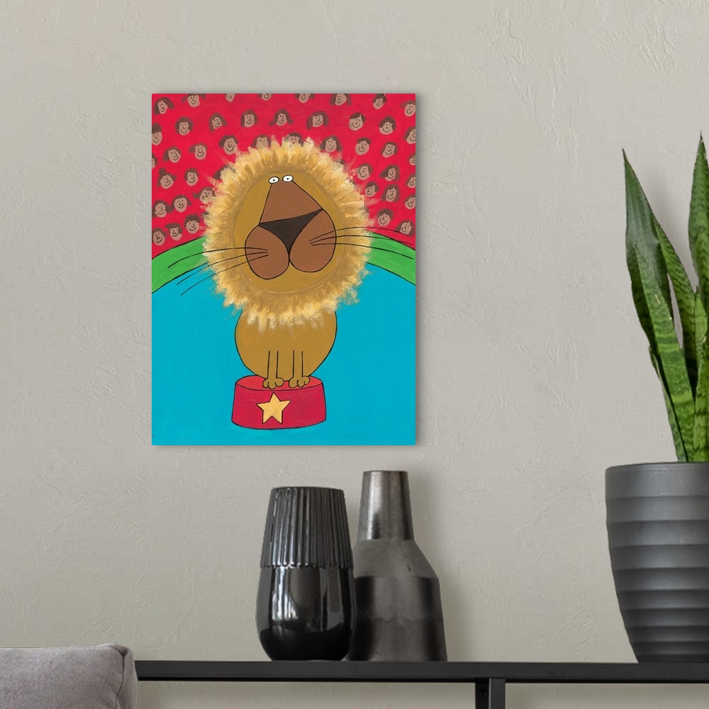 A modern room featuring Circus lion illustrated wall art.