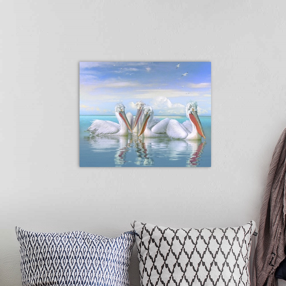 A bohemian room featuring A painterly texturized image of three white pelicans basking in the warm ocean sunshine with sea ...