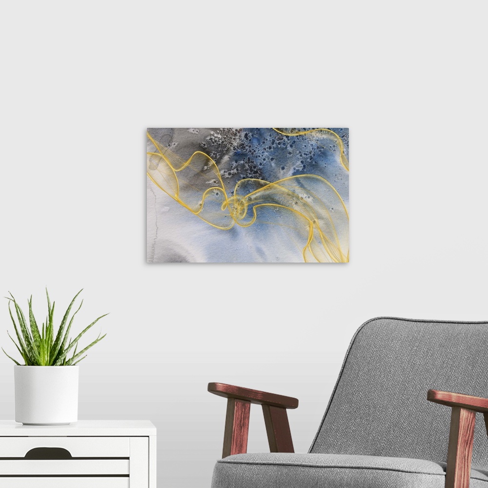 A modern room featuring Abstract artwork resembling bubbles and waves underwater with golden stands.