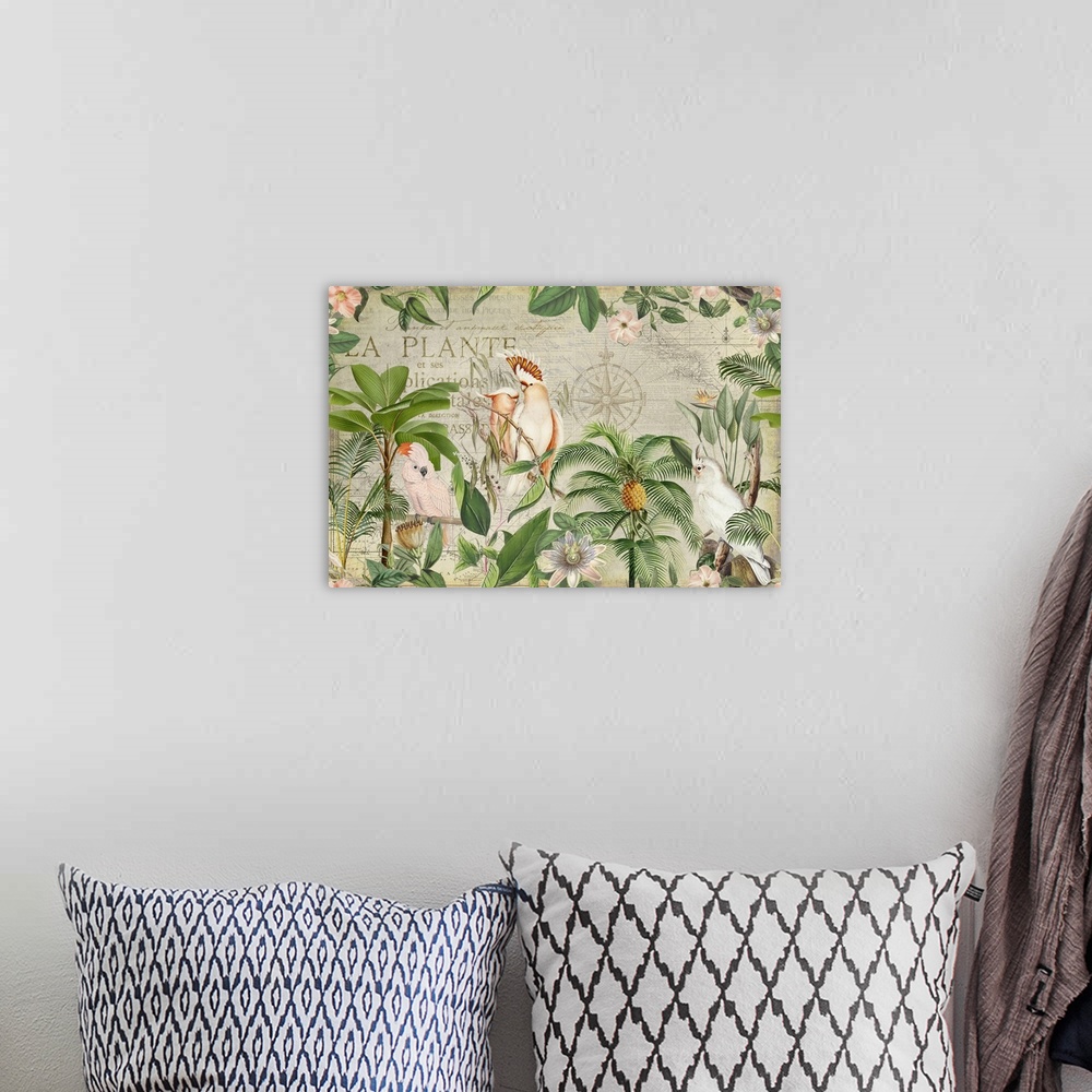 A bohemian room featuring Vintage style collage with cockatoo birds and tropical plants.