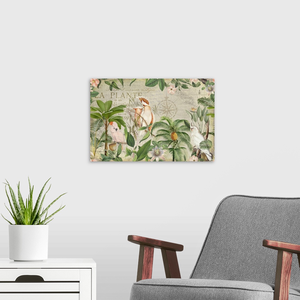 A modern room featuring Vintage style collage with cockatoo birds and tropical plants.