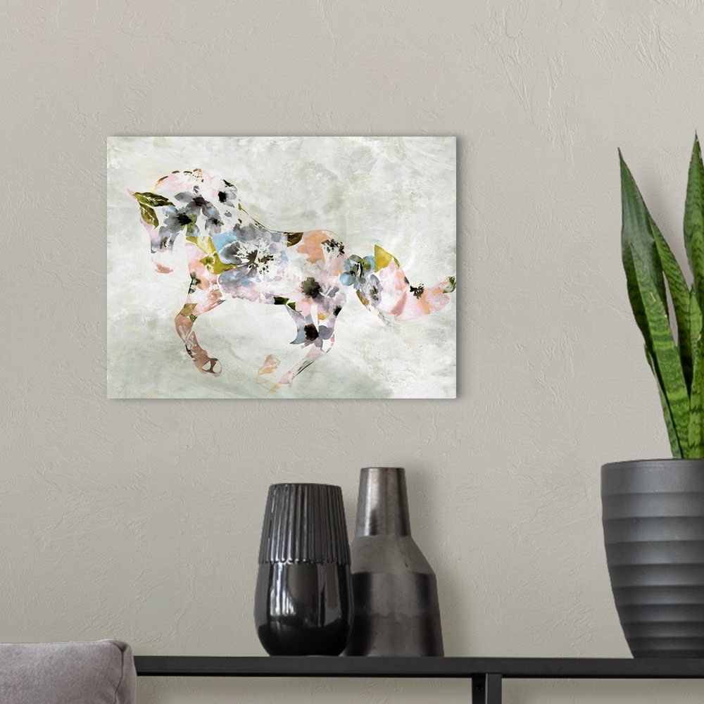 A modern room featuring Colorful Abstract Floral Horse