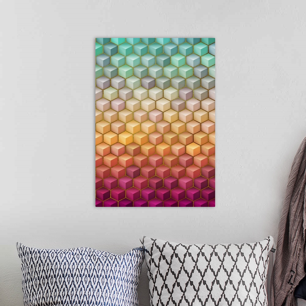 A bohemian room featuring Geometric cube pattern in green, pink, and yellow gradient colors.