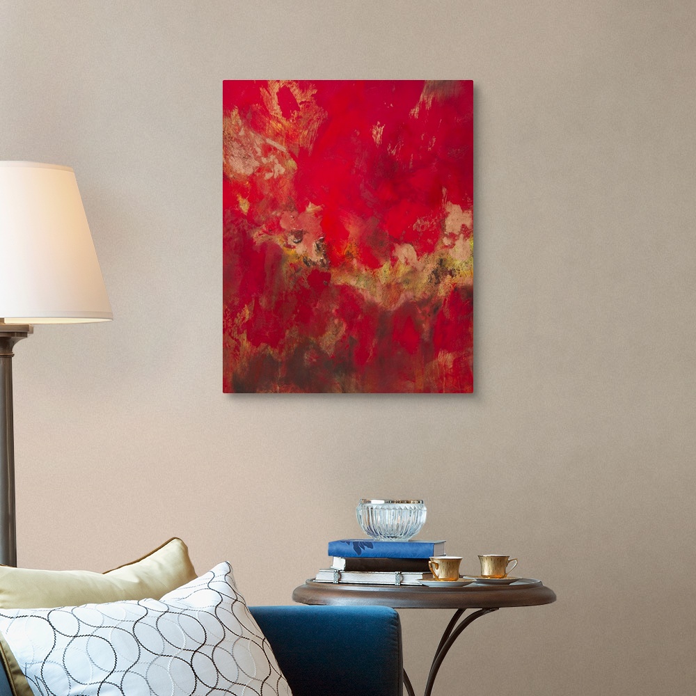 A traditional room featuring Contemporary abstract art, originally in acrylic, in deep red shades with contrasting yellow.